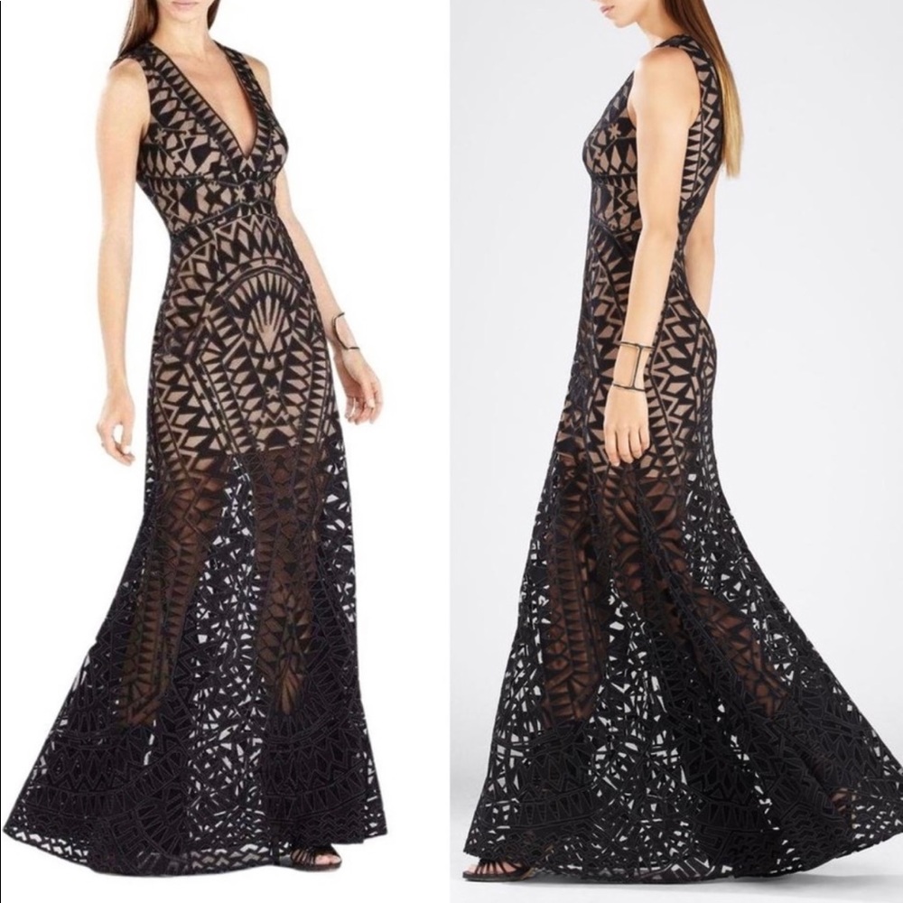 BCBGMaxazria black lace maranda sleeveless burnt out maxi dress size 6